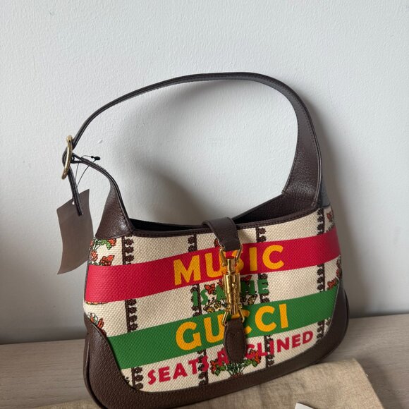 NWT Gucci Jackie 1961 Hobo Handbag Music Printed Beige Canvas Leather Strap - Picture 6 of 13
